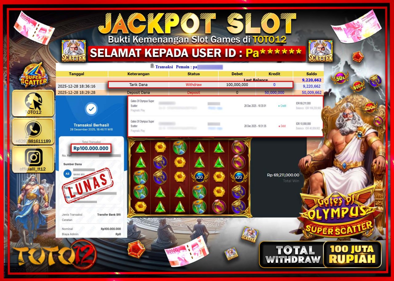 HANYA DI TOTO12 JP PASTI DI BAYAR LUNAS DAN CEPAT!!!!!! JACKPOT SLOT GAME (GATES OF OLYMPUS SUPER SCATTER) Rp.100.000.000 !!!!