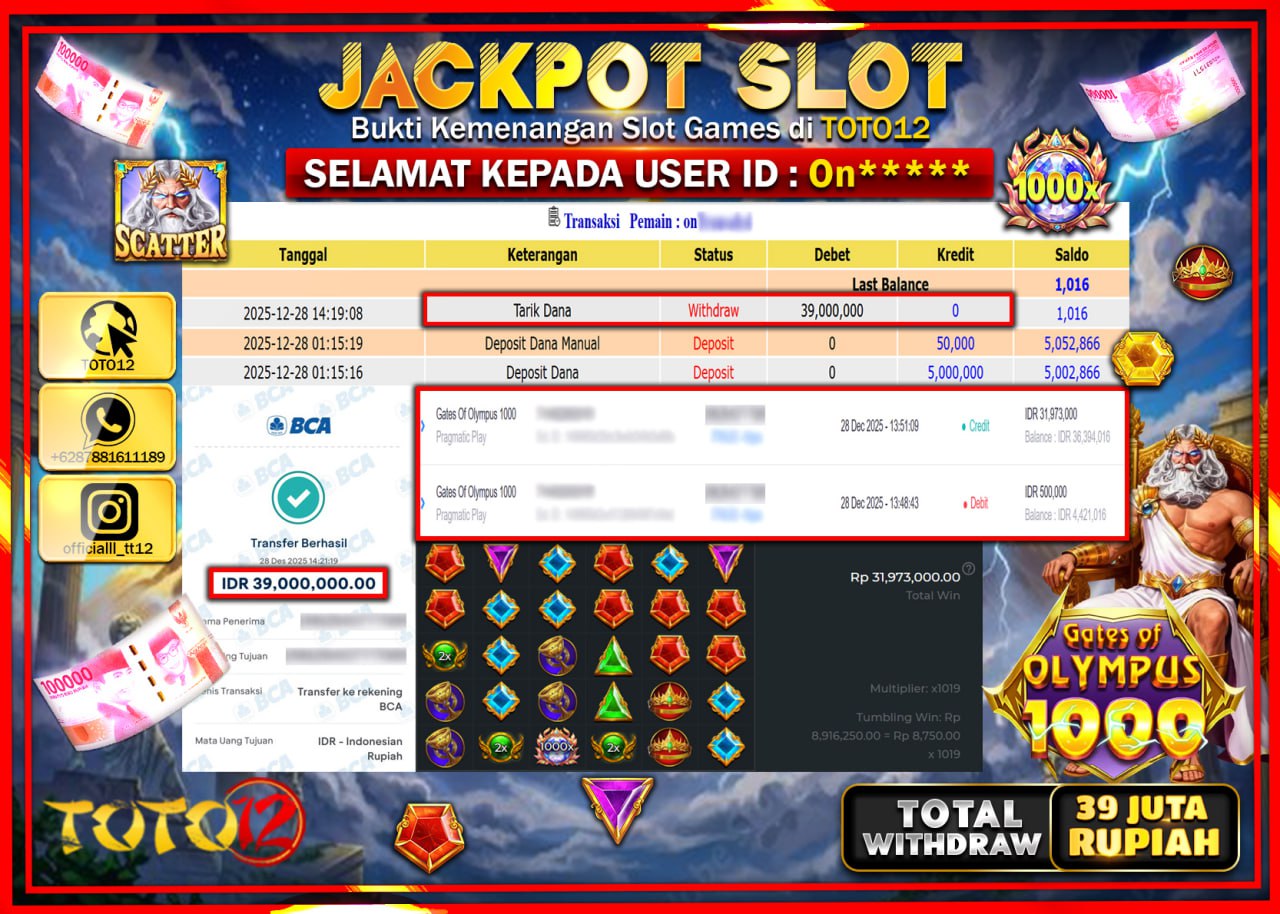 HANYA DI TOTO12 JP PASTI DI BAYAR LUNAS DAN CEPAT!!!!!! JACKPOT SLOT GAME (GATES OF OLYMPUS 1000) Rp.39.000.000 !!!!