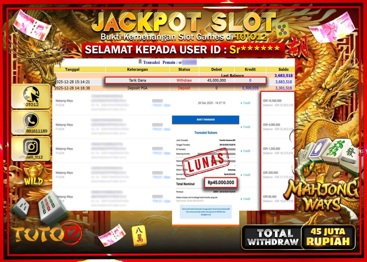 HANYA DI TOTO12 JP PASTI DI BAYAR LUNAS DAN CEPAT!!!!!! JACKPOT SLOT GAME (MAHJONG WAYS) Rp.45.000.000 !!!!