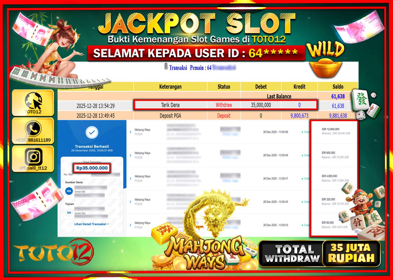 HANYA DI TOTO12 JP PASTI DI BAYAR LUNAS DAN CEPAT!!!!!! JACKPOT SLOT GAME (MAHJONG WAYS) Rp.35.000.000 !!!!