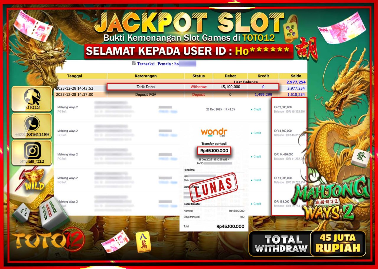 HANYA DI TOTO12 JP PASTI DI BAYAR LUNAS DAN CEPAT!!!!!! JACKPOT SLOT GAME (MAHJONG WAYS 2) Rp.45.100.000 !!!!