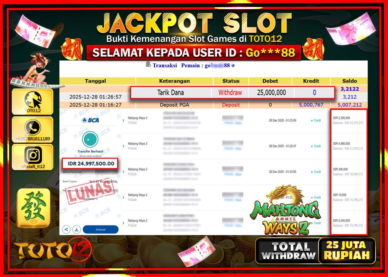 HANYA DI TOTO12 JP PASTI DI BAYAR LUNAS DAN CEPAT!!!!!! JACKPOT SLOT GAME (MAHJONG WAYS 2) Rp.25.000.000 !!!!
