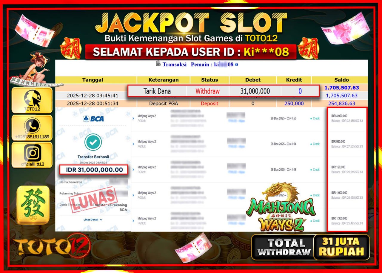 HANYA DI TOTO12 JP PASTI DI BAYAR LUNAS DAN CEPAT!!!!!! JACKPOT SLOT GAME (MAHJONG WAYS 2) Rp.31.000.000 !!!!
