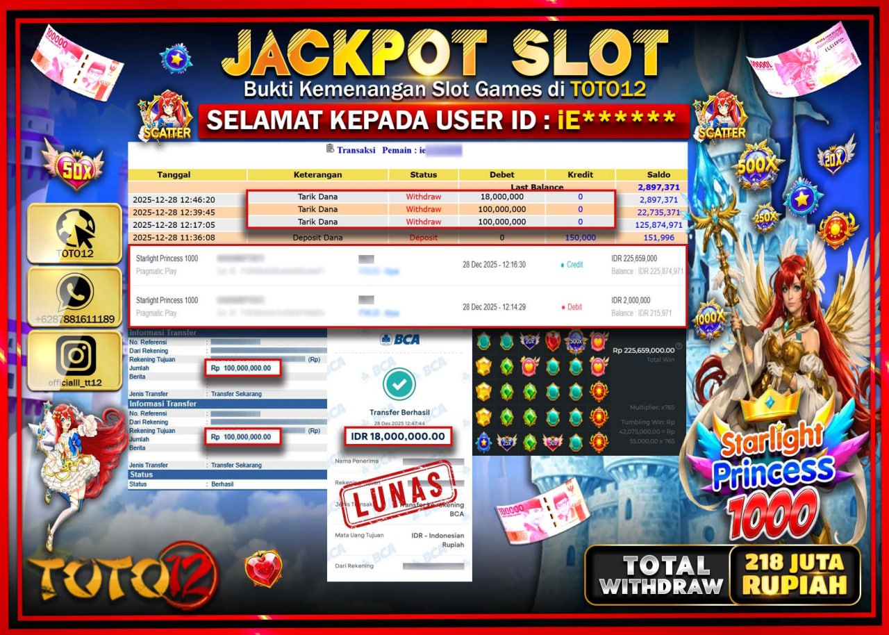 HANYA DI TOTO12 JP PASTI DI BAYAR LUNAS DAN CEPAT!!!!!! JACKPOT SLOT GAME (STARLIGHT PRINCESS 1000) Rp.218.000.000 !!!!