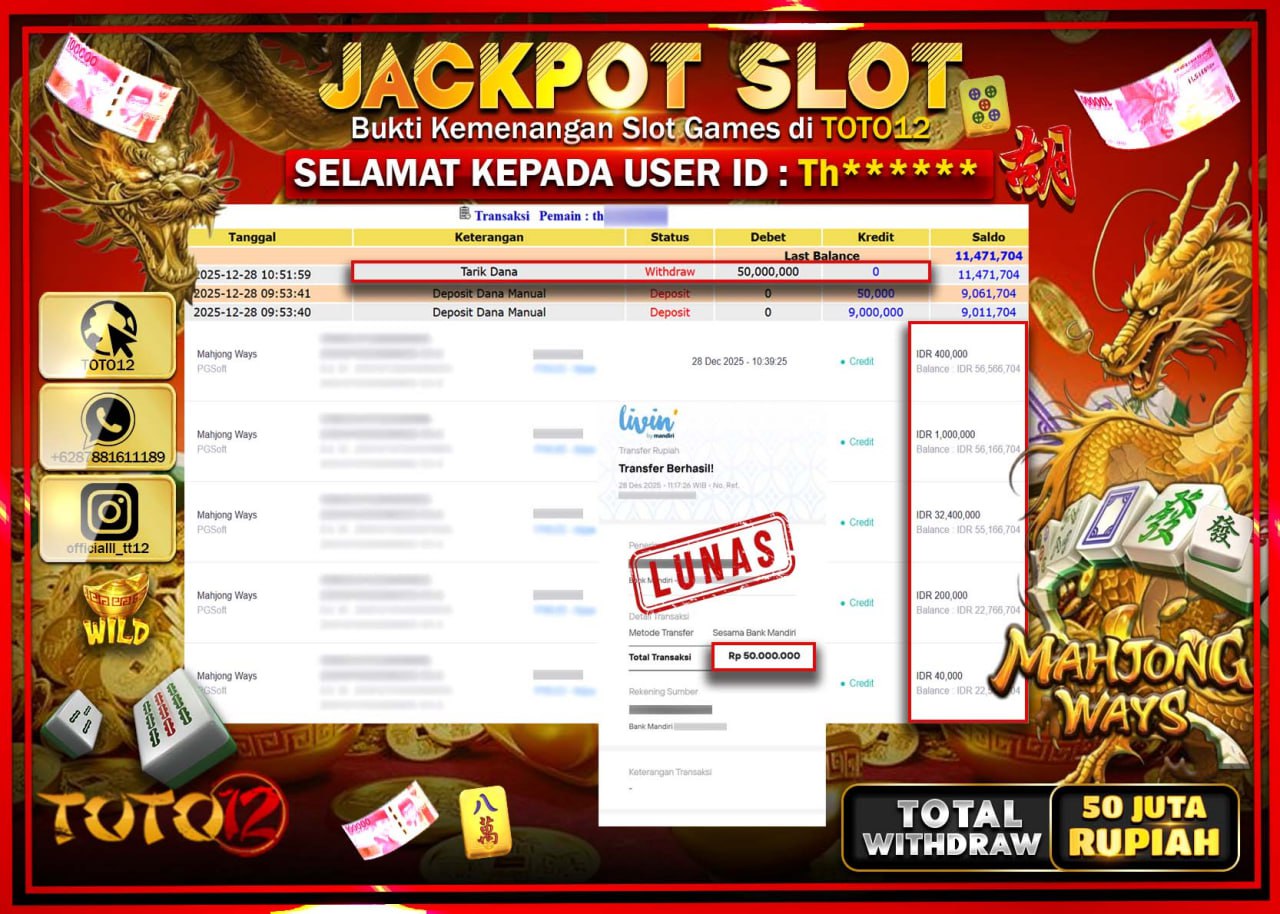 HANYA DI TOTO12 JP PASTI DI BAYAR LUNAS DAN CEPAT!!!!!! JACKPOT SLOT GAME (MAHJONG WAYS) Rp.50.000.000 !!!!