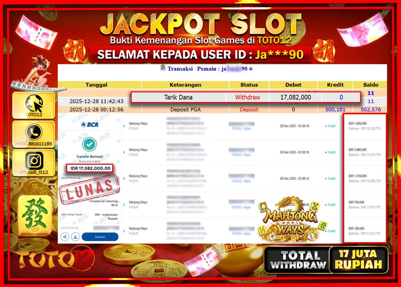 HANYA DI TOTO12 JP PASTI DI BAYAR LUNAS DAN CEPAT!!!!!! JACKPOT SLOT GAME (MAHJONG WAYS) Rp.17.082.000 !!!!
