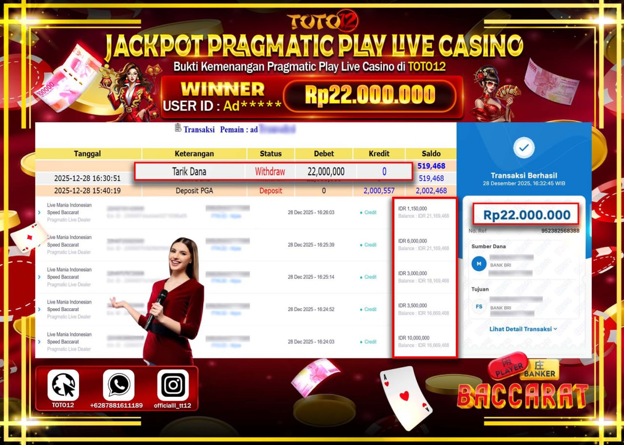 HANYA DI TOTO12 JP PASTI DI BAYAR LUNAS DAN CEPAT!!!!!! JACKPOT PRAGMATIC PLAY LIVE CASINO (SPEED BACCARAT) Rp.22.000.000 !!!!