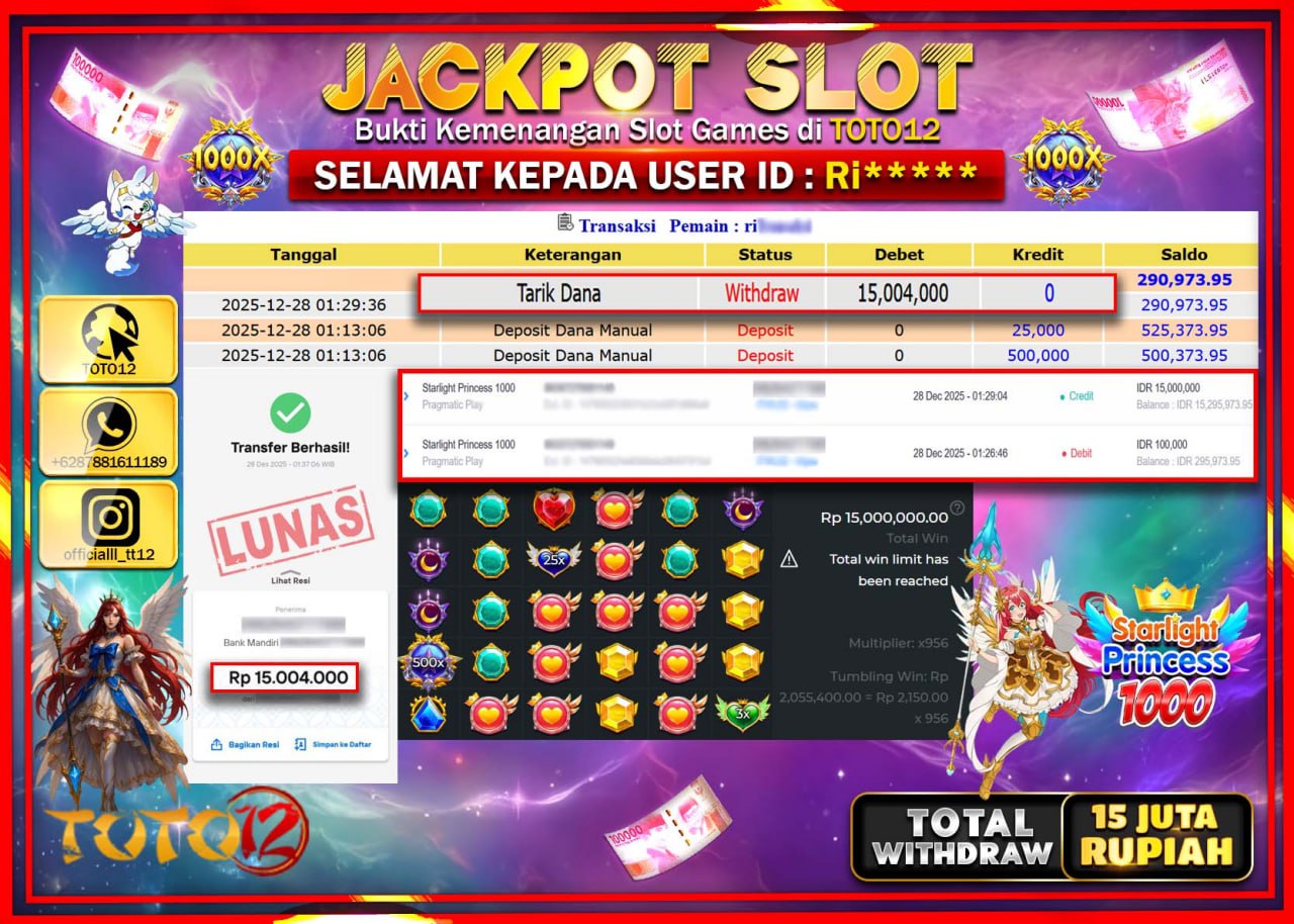 HANYA DI TOTO12 JP PASTI DI BAYAR LUNAS DAN CEPAT!!!!!! JACKPOT SLOT GAME (STARLIGHT PRINCESS 1000) Rp.15.004.000 !!!!