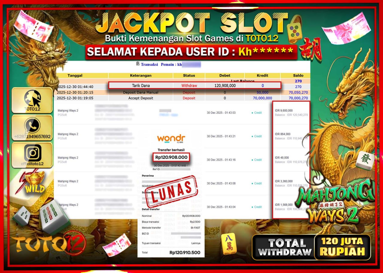 HANYA DI TOTO12 JP PASTI DI BAYAR LUNAS DAN CEPAT!!!!!! JACKPOT SLOT GAME (MAHJONG WAYS 2) Rp.120.908.000 !!!!