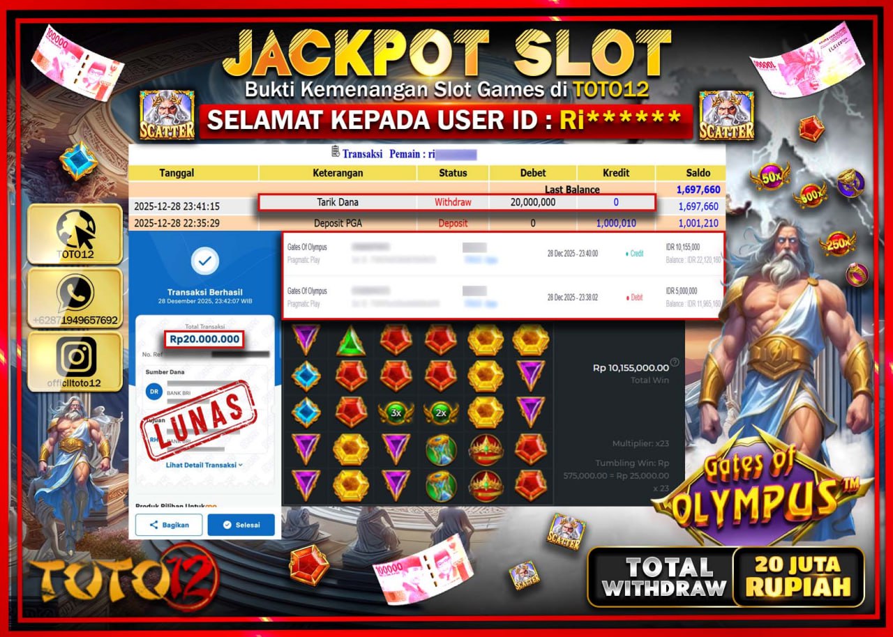 HANYA DI TOTO12 JP PASTI DI BAYAR LUNAS DAN CEPAT!!!!!! JACKPOT SLOT GAME (GATES OF OLYMPUS) Rp.20.000.000 !!!!