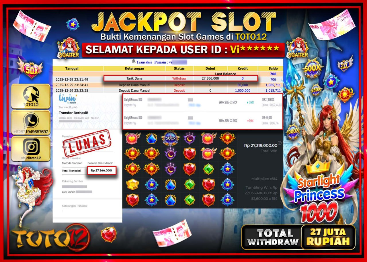 HANYA DI TOTO12 JP PASTI DI BAYAR LUNAS DAN CEPAT!!!!!! JACKPOT SLOT GAME (STARLIGHT PRINCESS 1000) Rp.27.366.000 !!!!