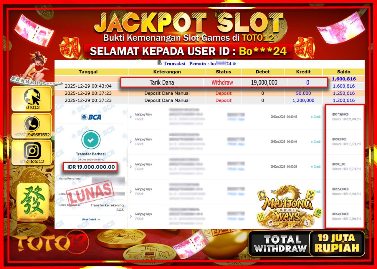 HANYA DI TOTO12 JP PASTI DI BAYAR LUNAS DAN CEPAT!!!!!! JACKPOT SLOT GAME (MAHJONG WAYS) Rp.19.000.000 !!!!