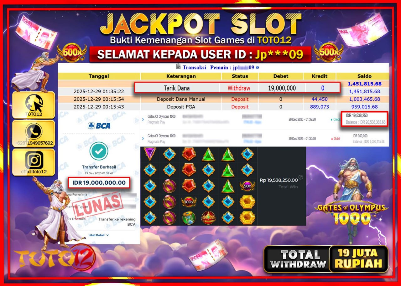 HANYA DI TOTO12 JP PASTI DI BAYAR LUNAS DAN CEPAT!!!!!! JACKPOT SLOT GAME (GATES OF OLYMPUS 1000) Rp.19.000.000 !!!!