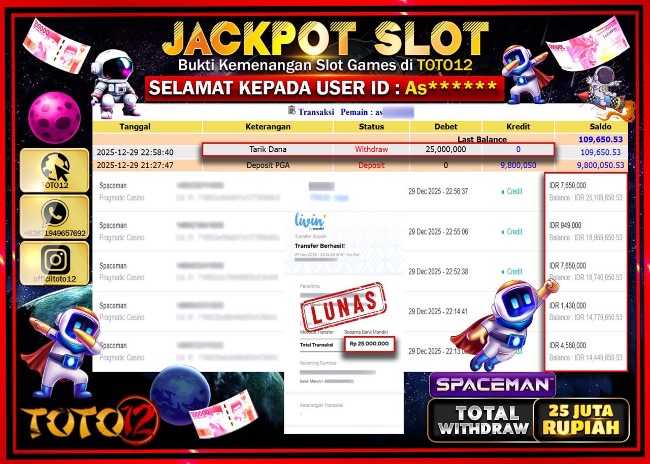 HANYA DI TOTO12 JP PASTI DI BAYAR LUNAS DAN CEPAT!!!!!! JACKPOT SLOT GAME (SPACEMAN) Rp.25.000.000 !!!!