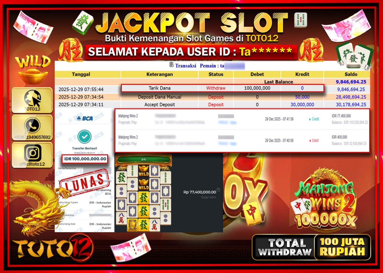 HANYA DI TOTO12 JP PASTI DI BAYAR LUNAS DAN CEPAT!!!!!! JACKPOT SLOT GAME (MAHJONG WINS 2) Rp.100.000.000 !!!!
