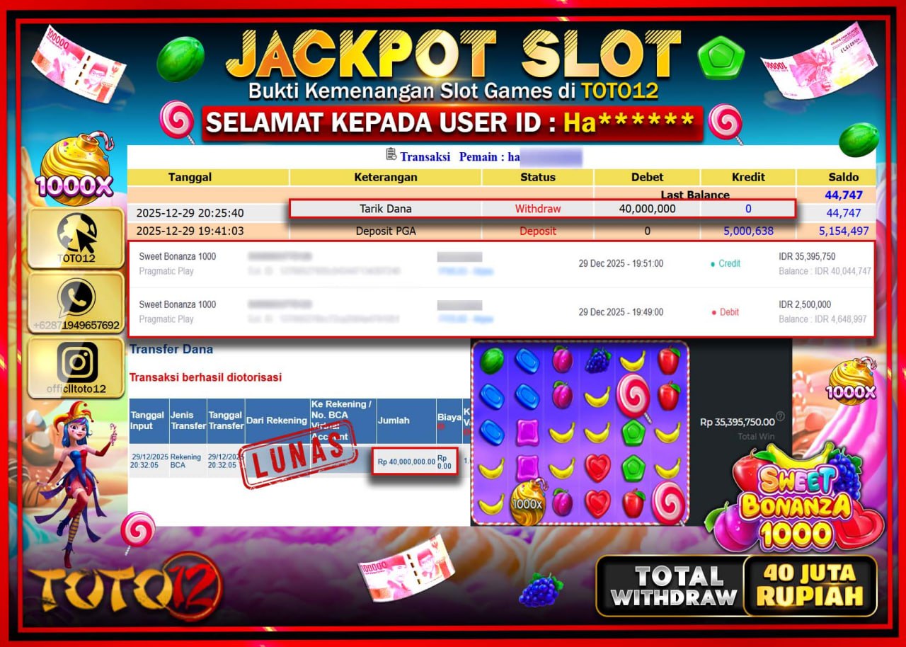 HANYA DI TOTO12 JP PASTI DI BAYAR LUNAS DAN CEPAT!!!!!! JACKPOT SLOT GAME (SWEET BONANZA 1000) Rp.40.000.000 !!!!