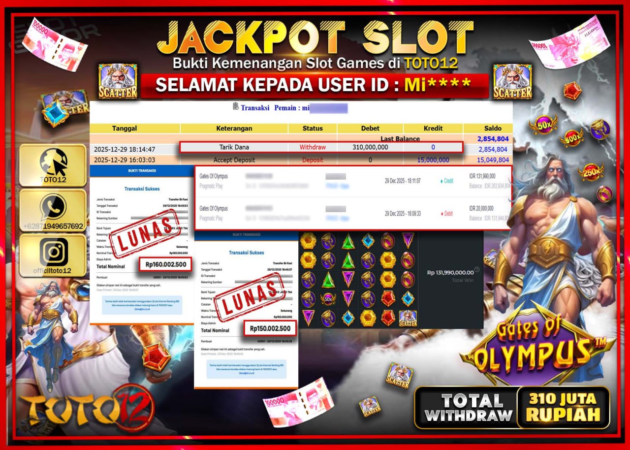 HANYA DI TOTO12 JP PASTI DI BAYAR LUNAS DAN CEPAT!!!!!! JACKPOT SLOT GAME (GATES OF OLYMPUS) Rp.310.000.000 !!!!