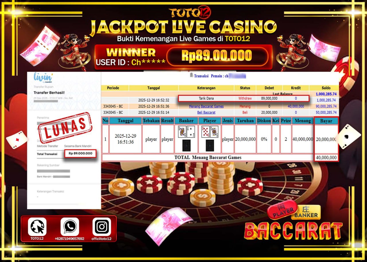 HANYA DI TOTO12 JP PASTI DI BAYAR LUNAS DAN CEPAT!!!!!! JACKPOT LIVE CASINO (BACCARAT) Rp.89.000.000 !!!!