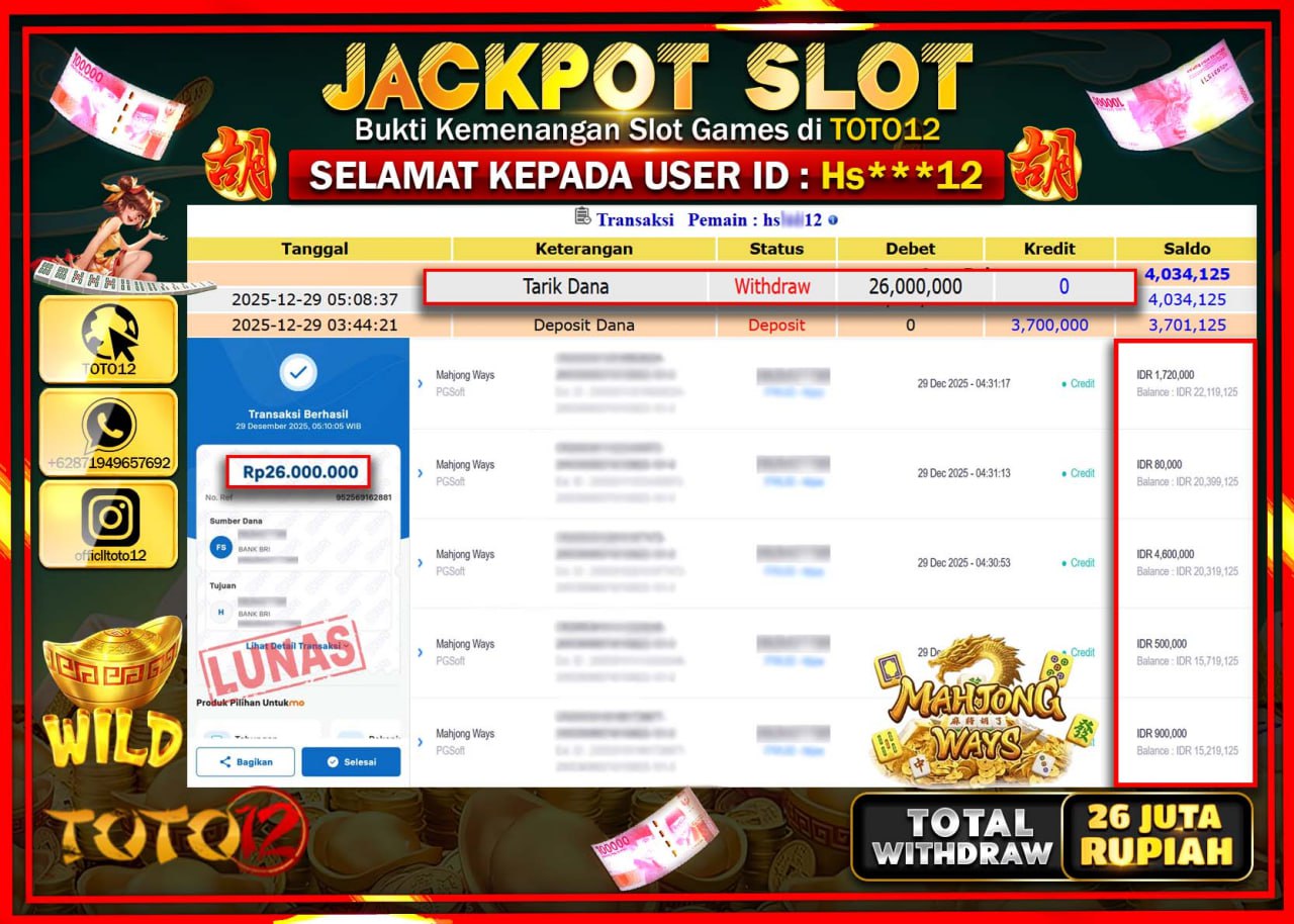 HANYA DI TOTO12 JP PASTI DI BAYAR LUNAS DAN CEPAT!!!!!! JACKPOT SLOT GAME (MAHJONG WAYS) Rp.26.000.000 !!!!