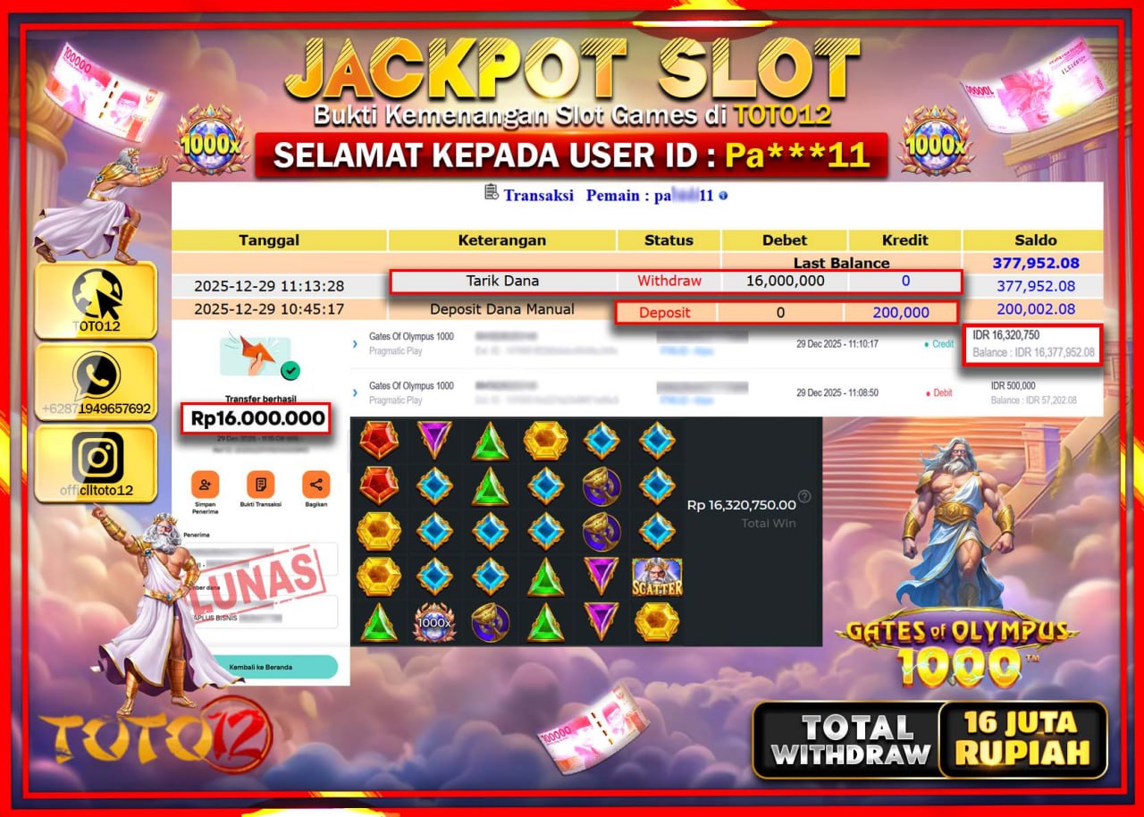 HANYA DI TOTO12 JP PASTI DI BAYAR LUNAS DAN CEPAT!!!!!! JACKPOT SLOT GAME (GATES OF OLYMPUS 1000) Rp.16.000.000 !!!!