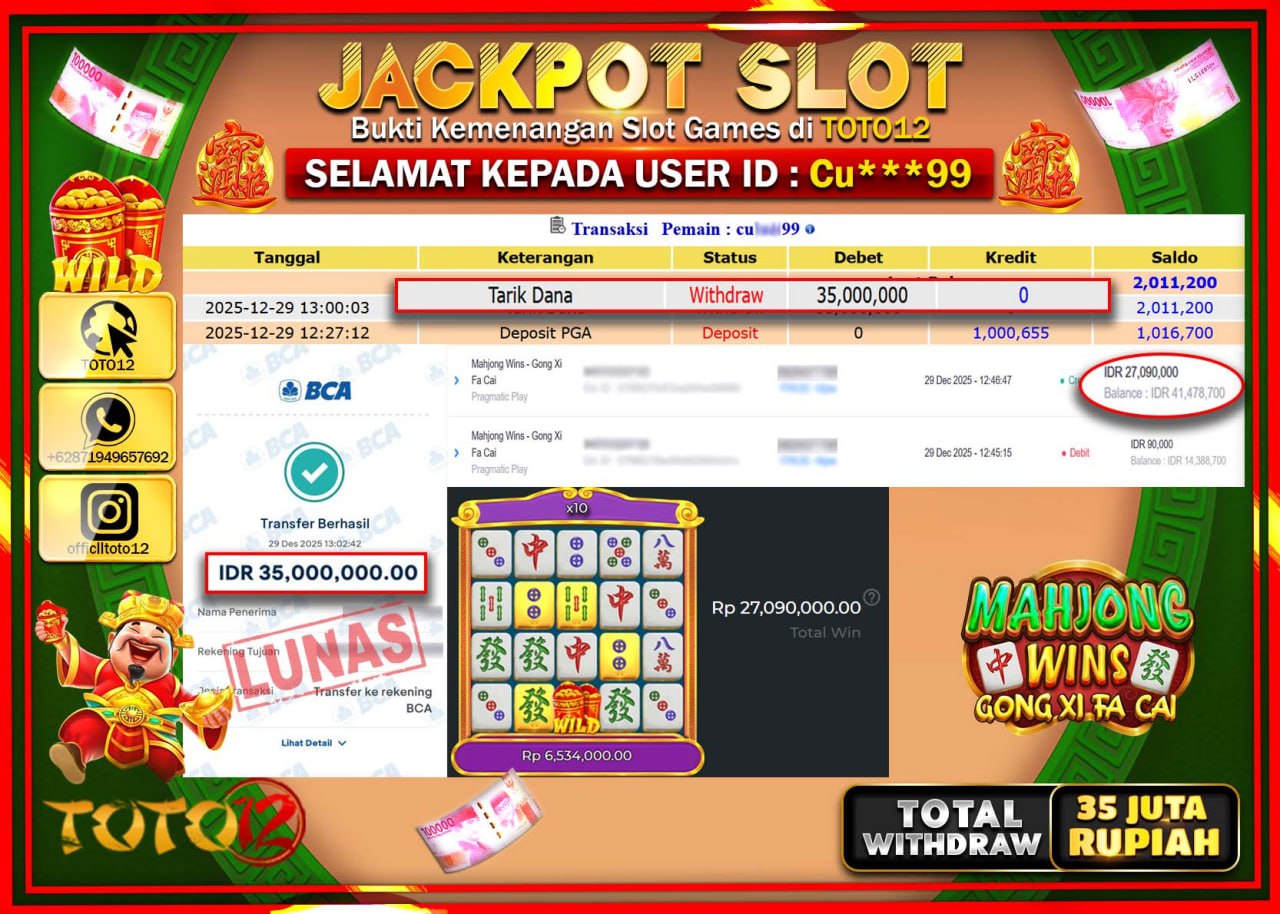 HANYA DI TOTO12 JP PASTI DI BAYAR LUNAS DAN CEPAT!!!!!! JACKPOT SLOT GAME (MAHJONG WINS GONG XI FA CAI) Rp.35.000.000 !!!!