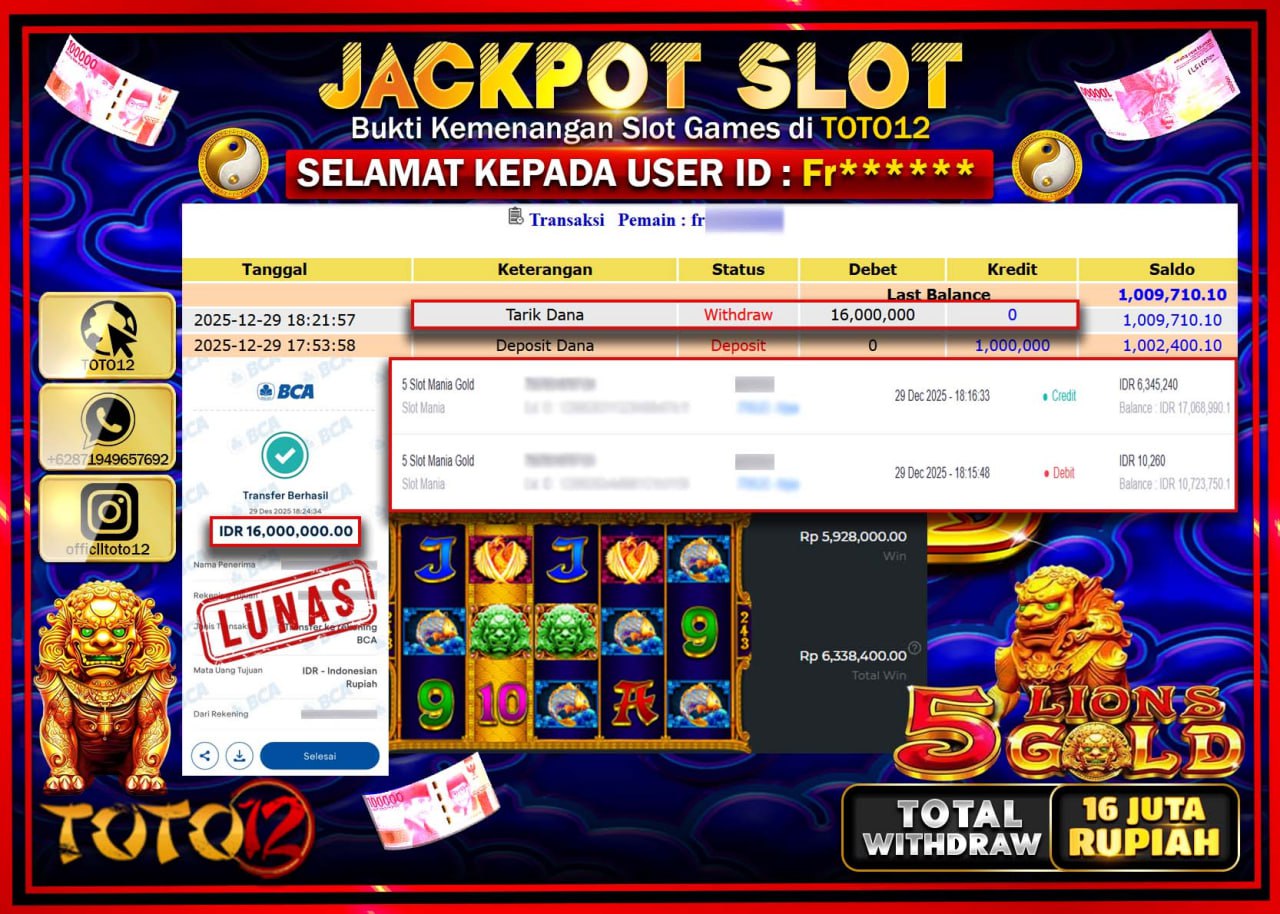 HANYA DI TOTO12 JP PASTI DI BAYAR LUNAS DAN CEPAT!!!!!! JACKPOT SLOT GAME (5 SLOT MANIA GOLD) Rp.16.000.000 !!!!