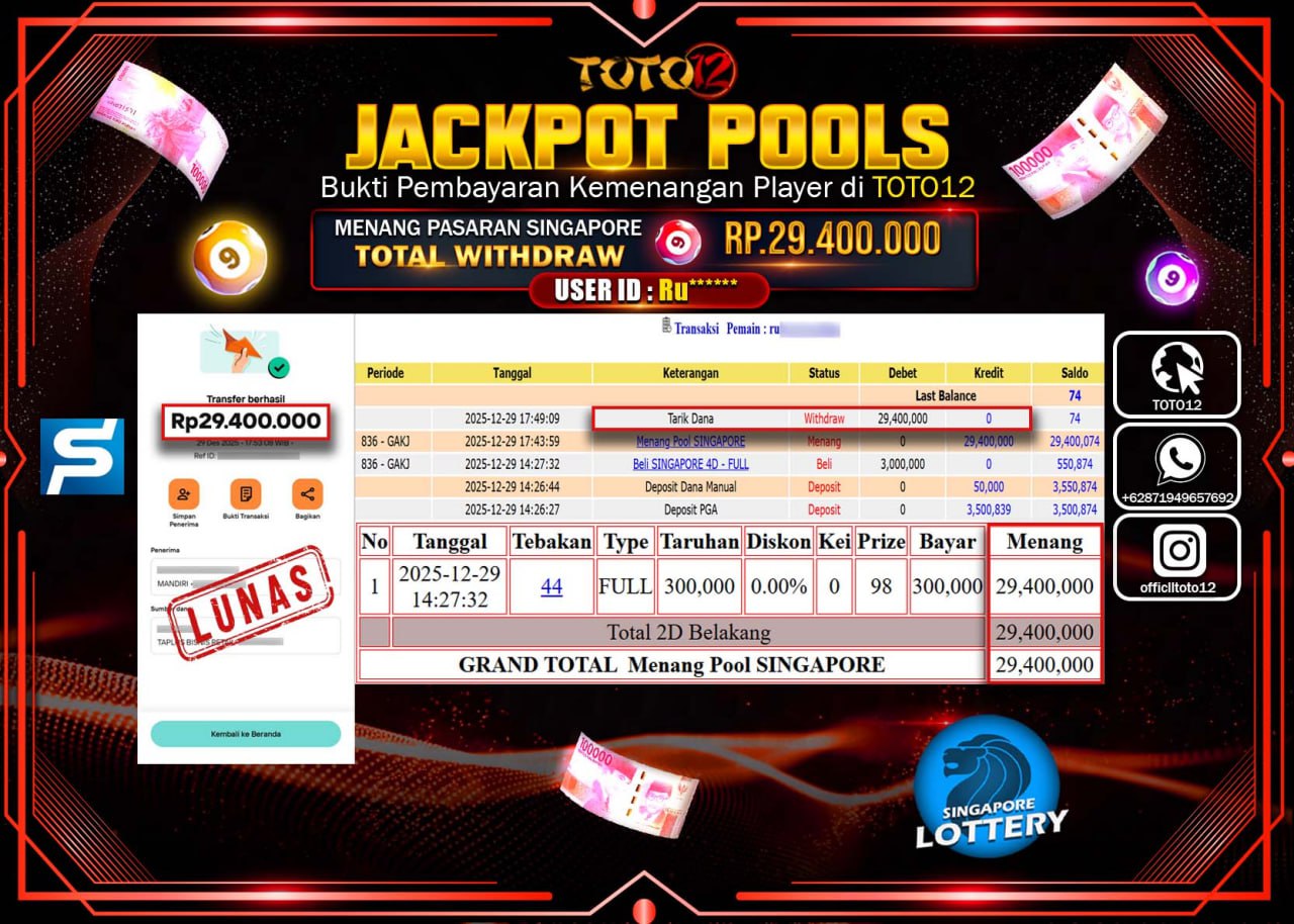 HANYA DI TOTO12 JP PASTI DI BAYAR LUNAS DAN CEPAT!!!!!! JACKPOT POOLS PASARAN (SINGAPORE) Rp.29.400.000 !!!!