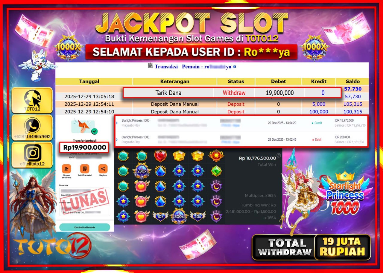 HANYA DI TOTO12 JP PASTI DI BAYAR LUNAS DAN CEPAT!!!!!! JACKPOT SLOT GAME (STARLIGHT PRINCESS 1000) Rp.19.900.000 !!!!