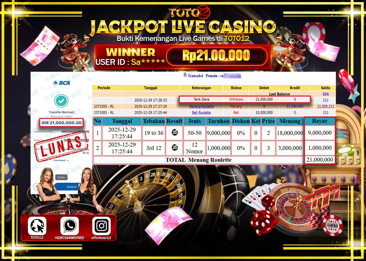 HANYA DI TOTO12 JP PASTI DI BAYAR LUNAS DAN CEPAT!!!!!! JACKPOT LIVE CASINO (ROULETTE) Rp.21.000.000 !!!!