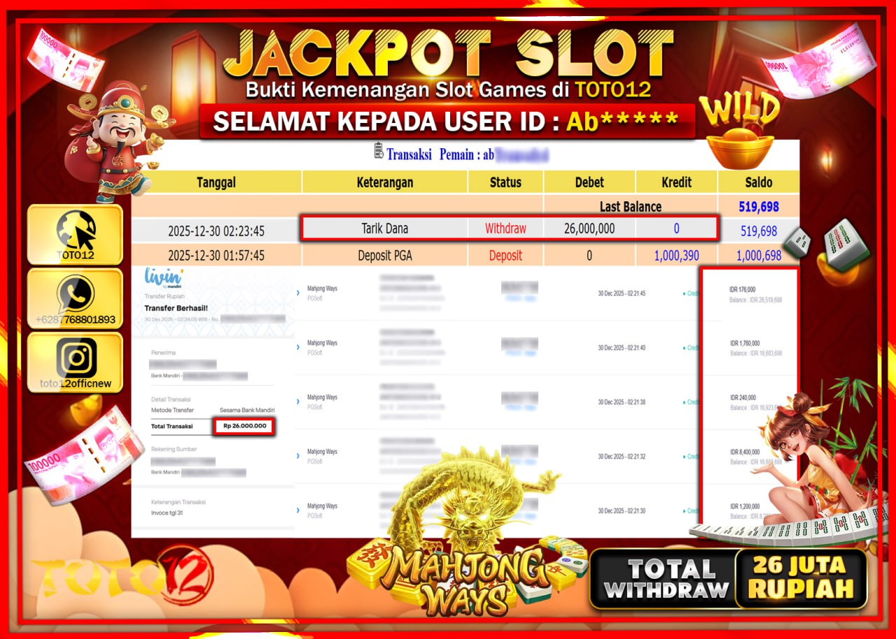 HANYA DI TOTO12 JP PASTI DI BAYAR LUNAS DAN CEPAT!!!!!! JACKPOT SLOT GAME (MAHJONG WAYS) Rp.26.000.000 !!!!