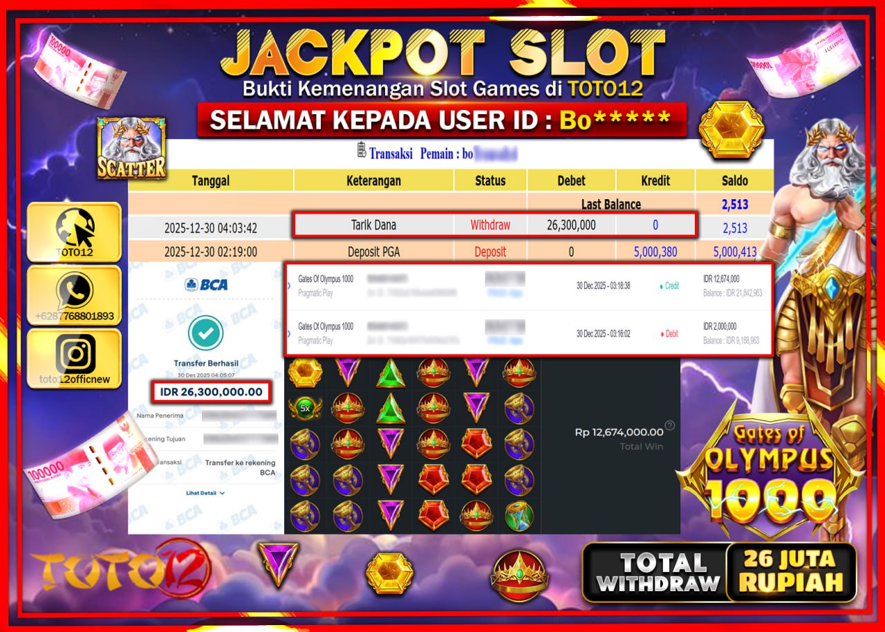 HANYA DI TOTO12 JP PASTI DI BAYAR LUNAS DAN CEPAT!!!!!! JACKPOT SLOT GAME (GATES OF OLYMPUS 1000) Rp.26.300.000 !!!!