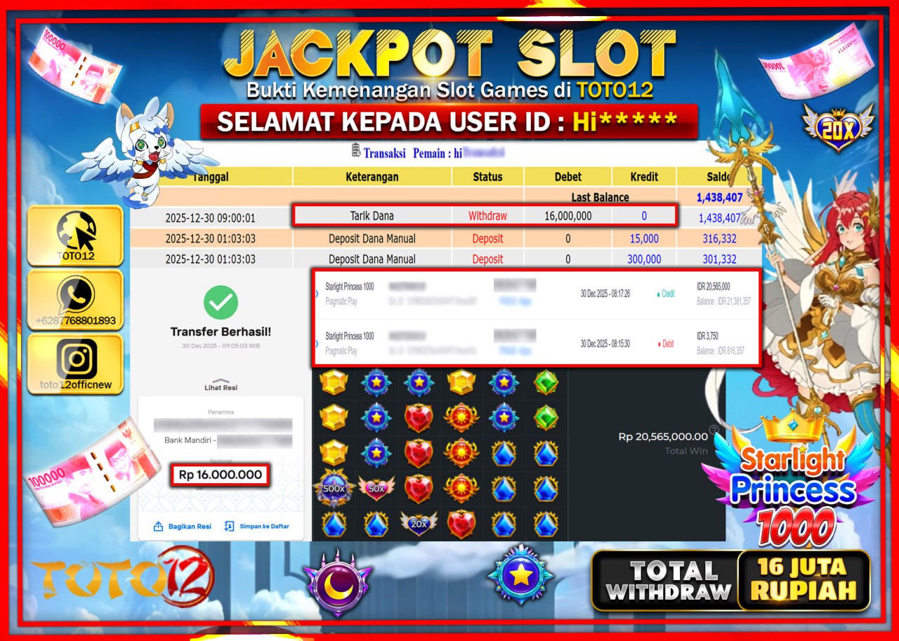 HANYA DI TOTO12 JP PASTI DI BAYAR LUNAS DAN CEPAT!!!!!! JACKPOT SLOT GAME (STARLIGHT PRINCESS 1000) Rp.16.000.000 !!!!