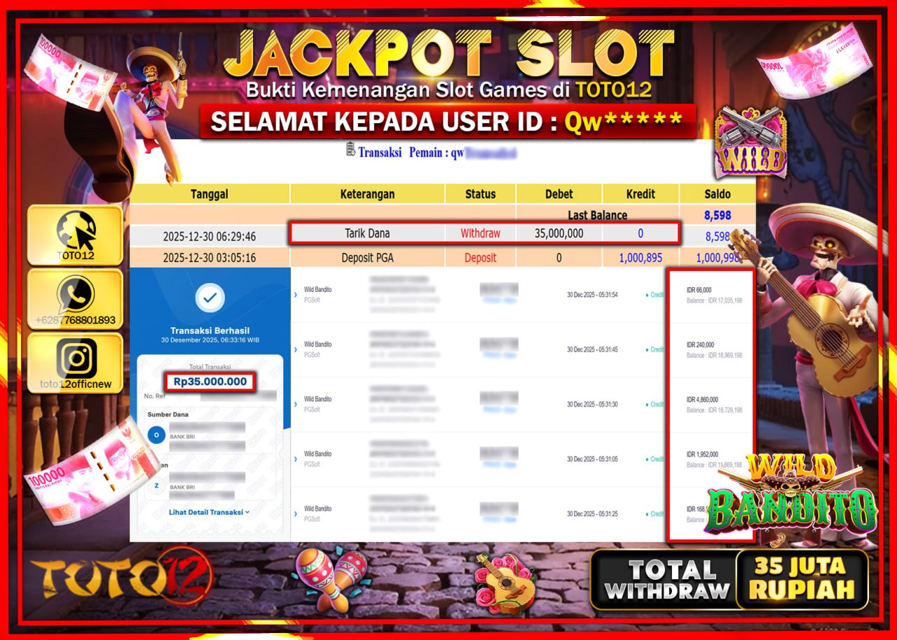 HANYA DI TOTO12 JP PASTI DI BAYAR LUNAS DAN CEPAT!!!!!! JACKPOT SLOT GAME (WILD BANDITO) Rp.35.000.000 !!!!