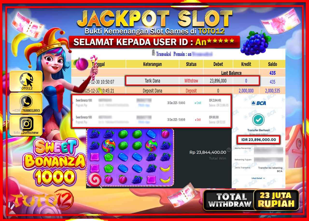 HANYA DI TOTO12 JP PASTI DI BAYAR LUNAS DAN CEPAT!!!!!! JACKPOT SLOT GAME (SWEET BONANZA 1000) Rp.23.896.000 !!!!
