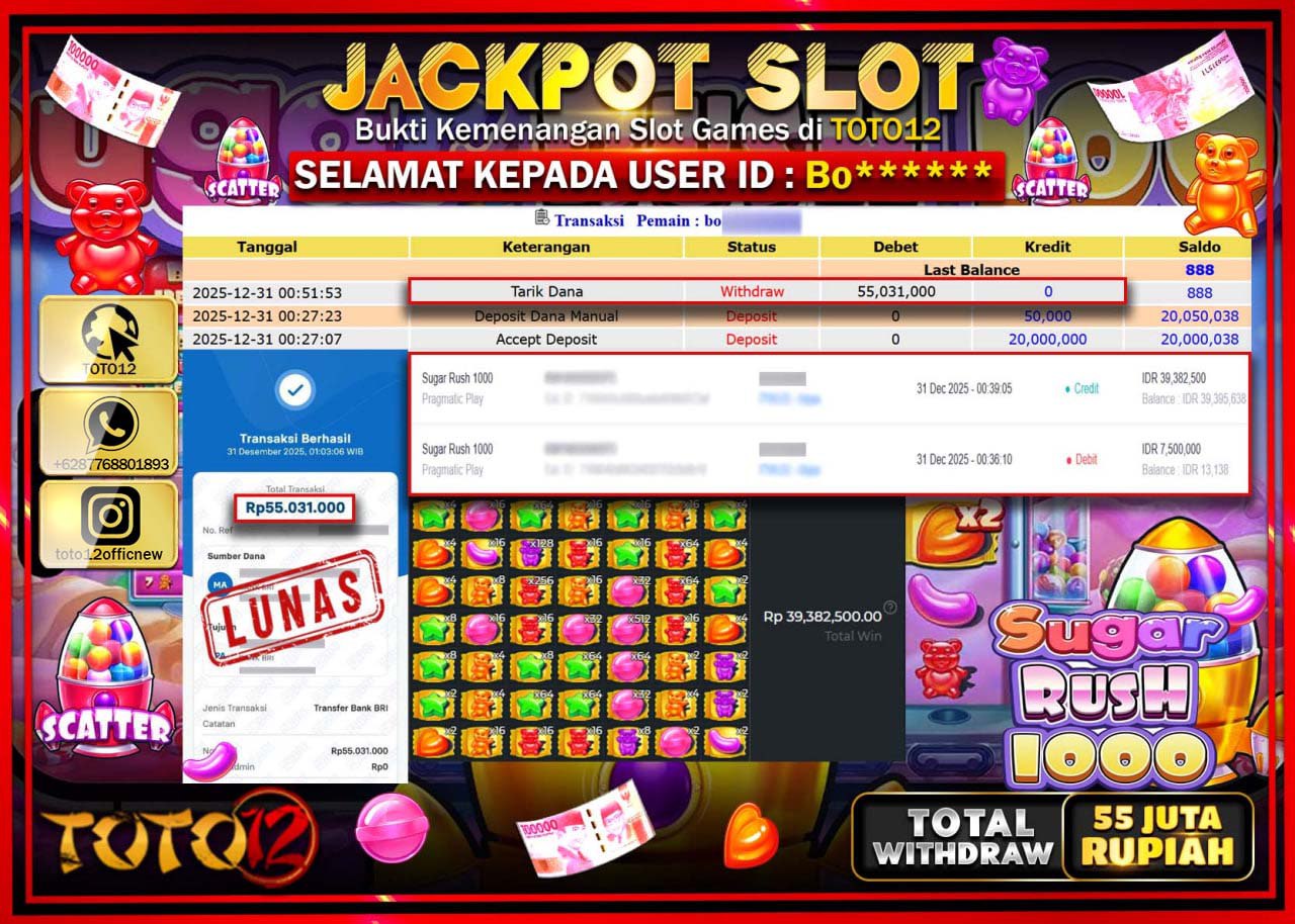 HANYA DI TOTO12 JP PASTI DI BAYAR LUNAS DAN CEPAT!!!!!! JACKPOT SLOT GAME (SUGAR RUSH 1000) Rp.55.031.000 !!!!