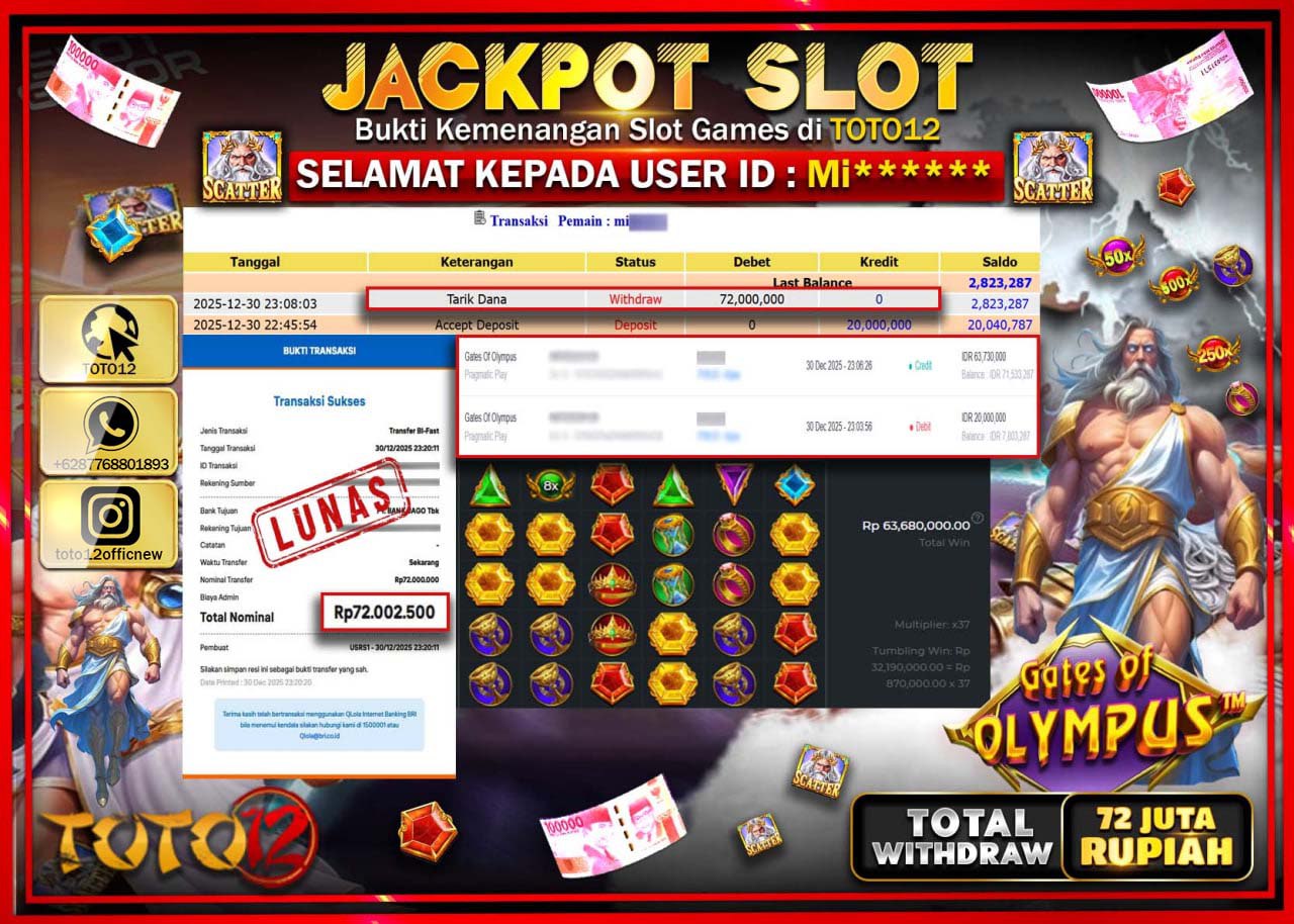 HANYA DI TOTO12 JP PASTI DI BAYAR LUNAS DAN CEPAT!!!!!! JACKPOT SLOT GAME (GATES OF OLYMPUS) Rp.72.000.000 !!!!