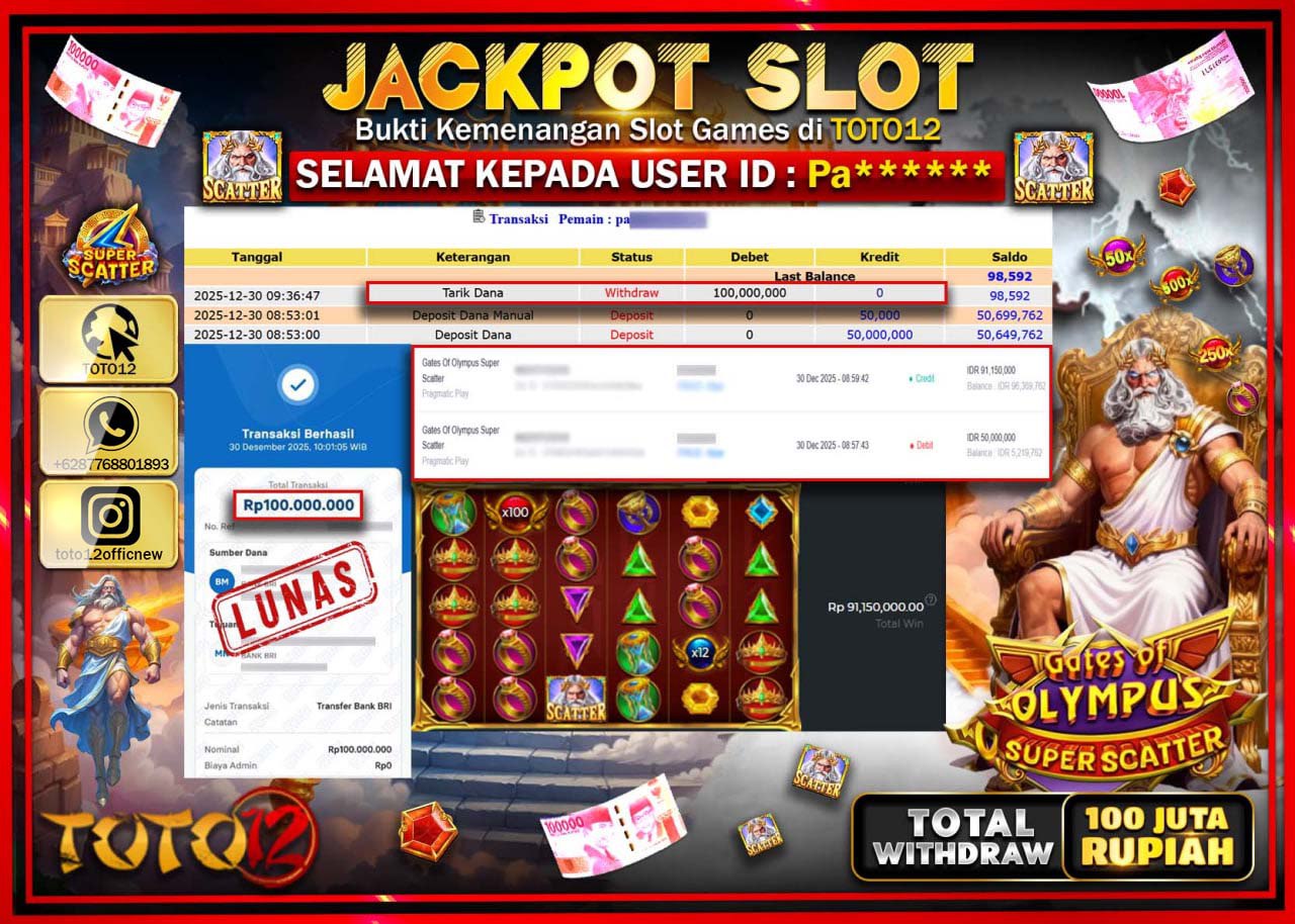 HANYA DI TOTO12 JP PASTI DI BAYAR LUNAS DAN CEPAT!!!!!! JACKPOT SLOT GAME (GATES OF OLYMPUS SUPER SCATTER) Rp.100.000.000 !!!!