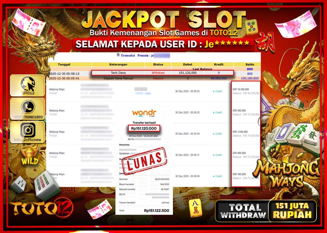 HANYA DI TOTO12 JP PASTI DI BAYAR LUNAS DAN CEPAT!!!!!! JACKPOT SLOT GAME (MAHJONG WAYS) Rp.151.120.000 !!!!