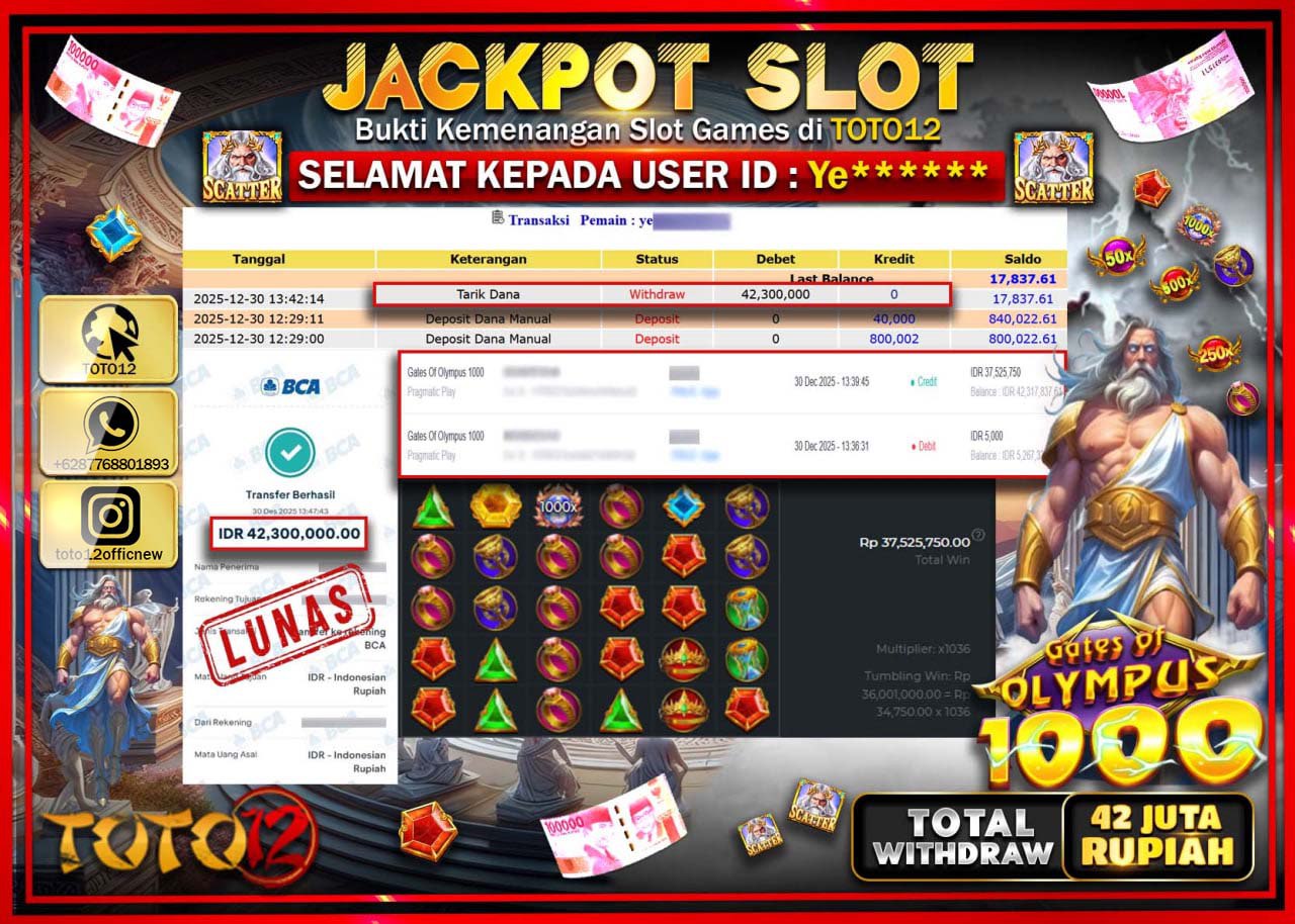 HANYA DI TOTO12 JP PASTI DI BAYAR LUNAS DAN CEPAT!!!!!! JACKPOT SLOT GAME (GATES OF OLYMPUS 1000) Rp.42.300.000 !!!!