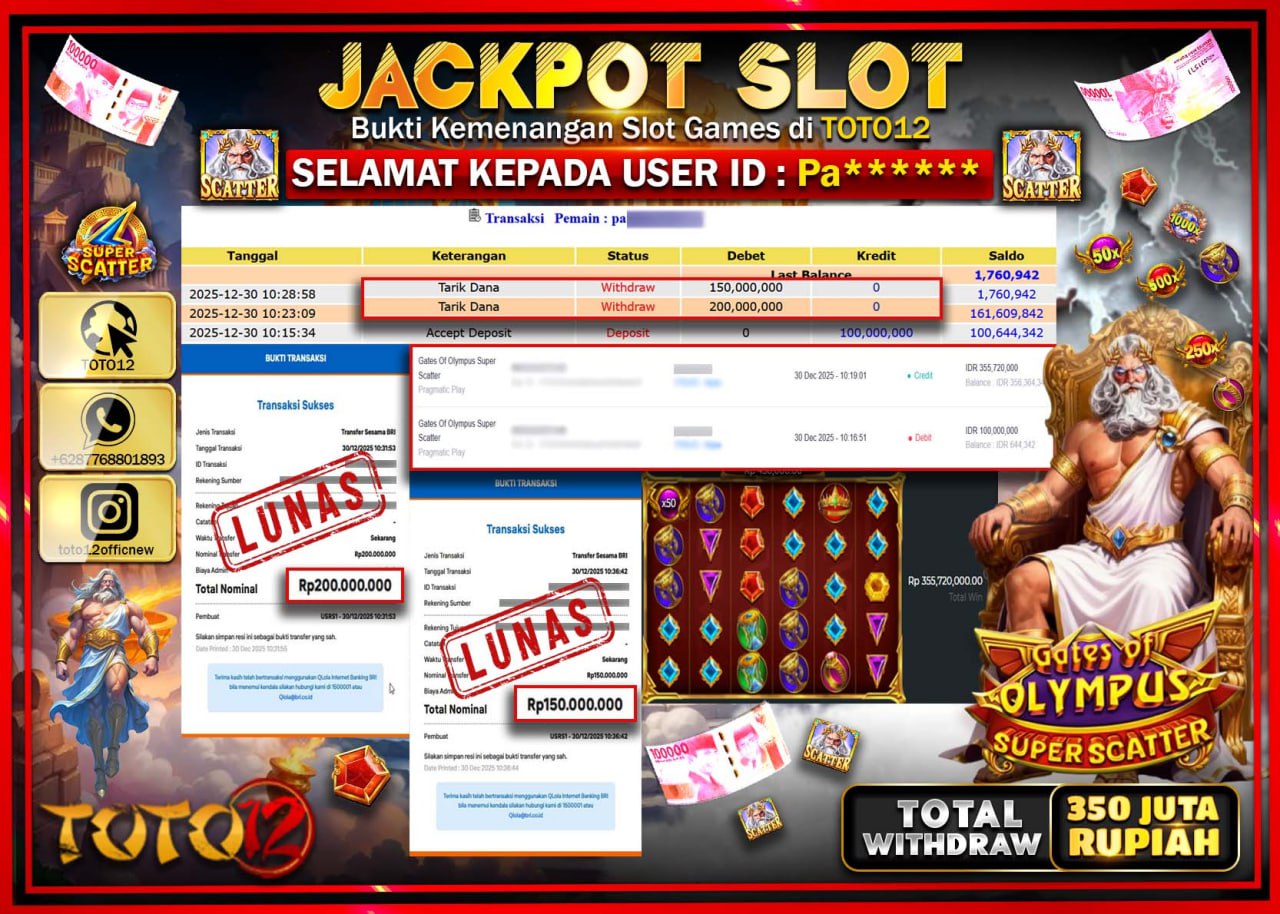 HANYA DI TOTO12 JP PASTI DI BAYAR LUNAS DAN CEPAT!!!!!! JACKPOT SLOT GAME (GATES OF OLYMPUS SUPER SCATTER) Rp.350.000.000 !!!!