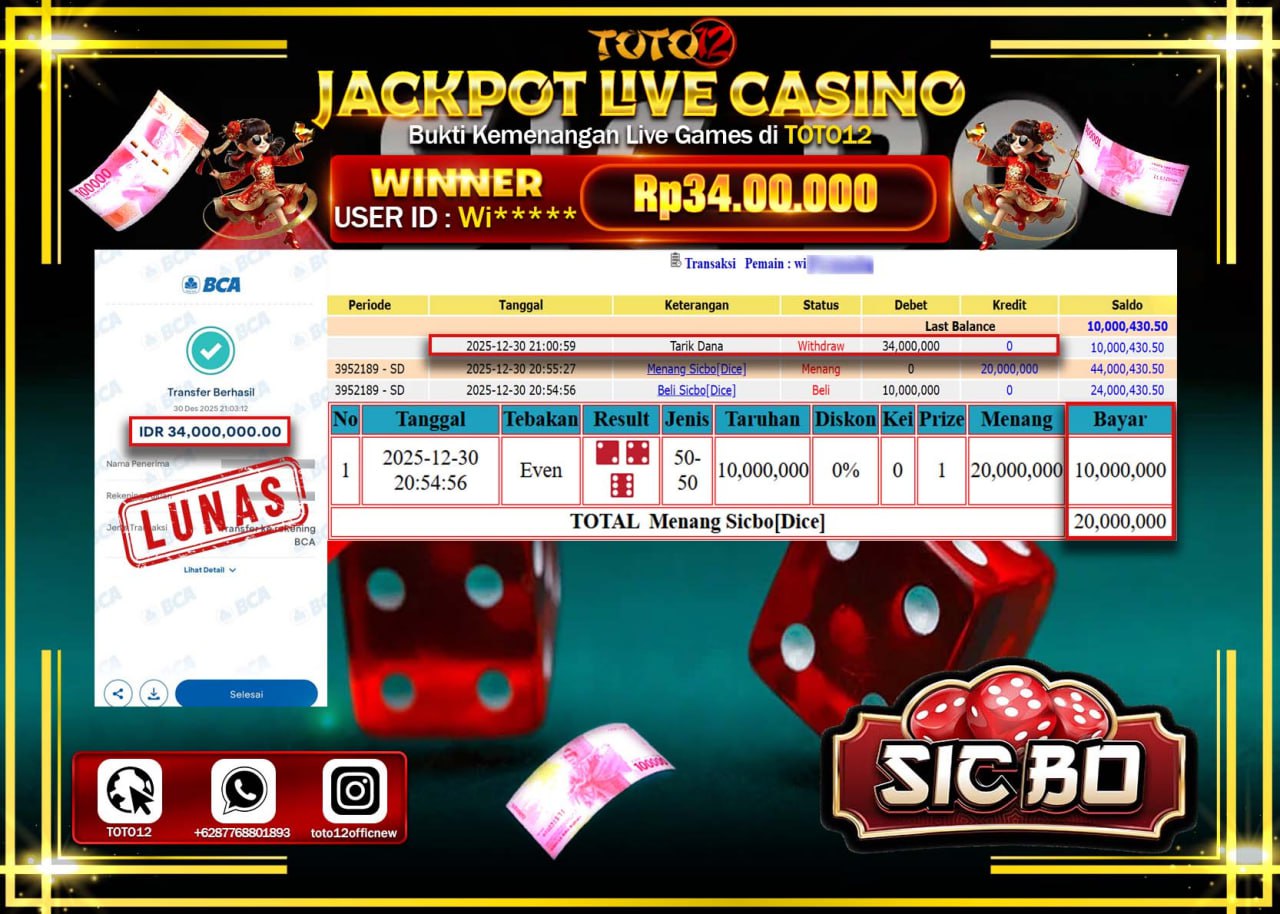 HANYA DI TOTO12 JP PASTI DI BAYAR LUNAS DAN CEPAT!!!!!! JACKPOT LIVE CASINO (SIC BO) Rp.34.000.000 !!!!