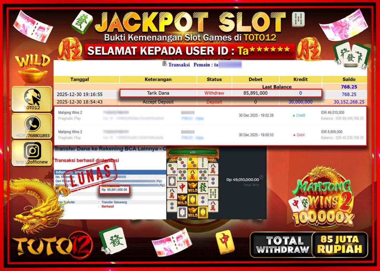 HANYA DI TOTO12 JP PASTI DI BAYAR LUNAS DAN CEPAT!!!!!! JACKPOT SLOT GAME (MAHJONG WINS 2) Rp.85.891.000 !!!!