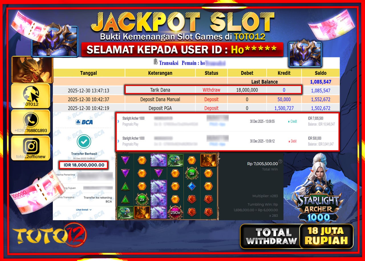HANYA DI TOTO12 JP PASTI DI BAYAR LUNAS DAN CEPAT!!!!!! JACKPOT SLOT GAME (STARLIGHT ARCHER 1000) Rp.18.000.000 !!!!
