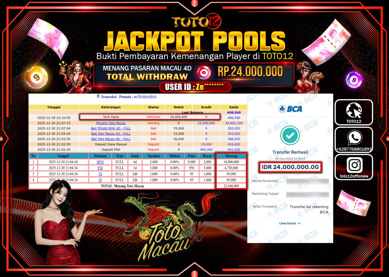 HANYA DI TOTO12 JP PASTI DI BAYAR LUNAS DAN CEPAT!!!!!! JACKPOT POOLS PASARAN (MACAU 4D) Rp.24.000.000 !!!!