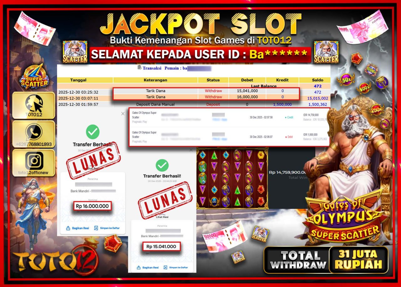 HANYA DI TOTO12 JP PASTI DI BAYAR LUNAS DAN CEPAT!!!!!! JACKPOT SLOT GAME (GATES OF OLYMPUS SUPER SCATTER) Rp.31.041.000 !!!!