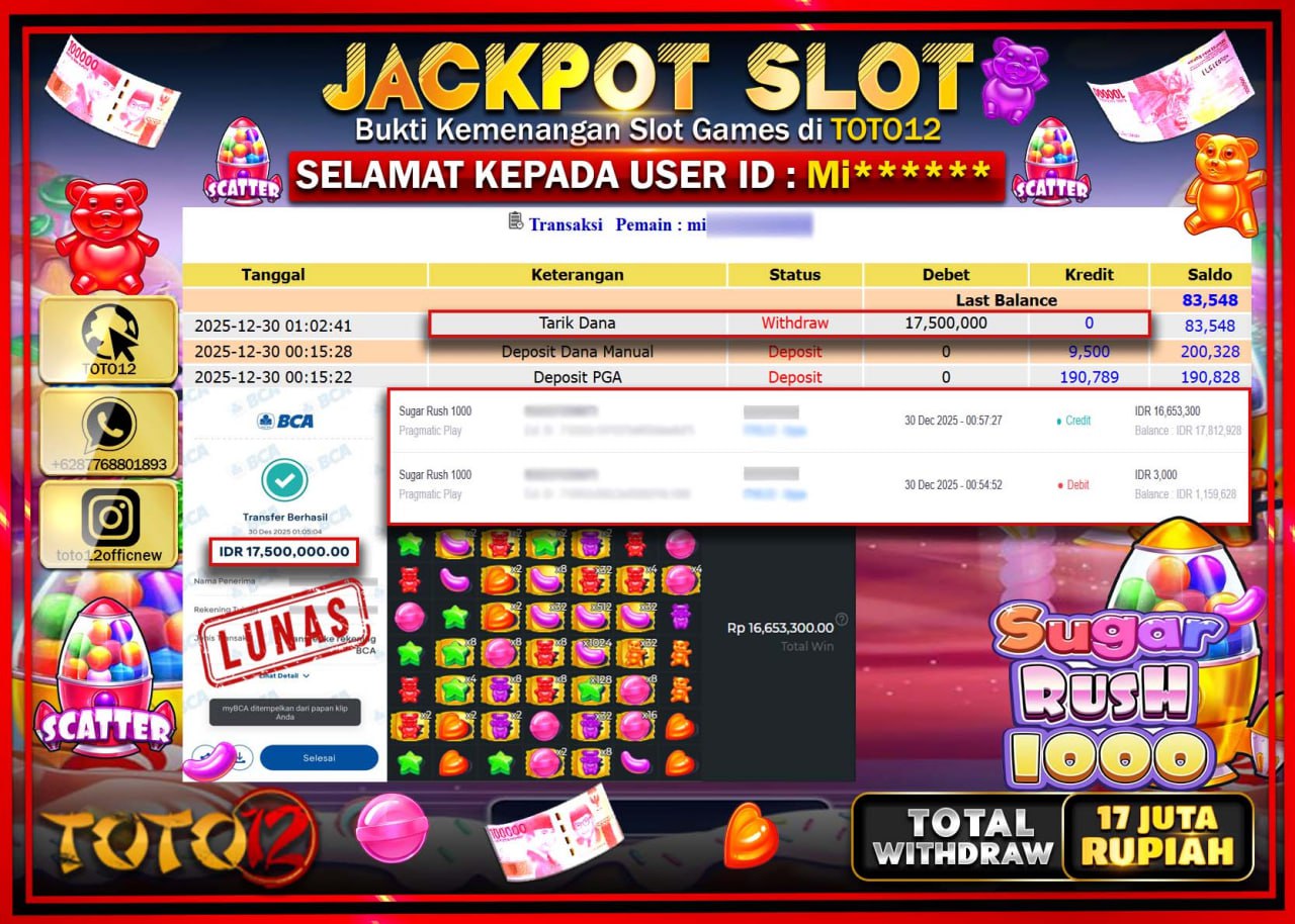 HANYA DI TOTO12 JP PASTI DI BAYAR LUNAS DAN CEPAT!!!!!! JACKPOT SLOT GAME (SUGAR RUSH 1000) Rp.17.500.000 !!!!
