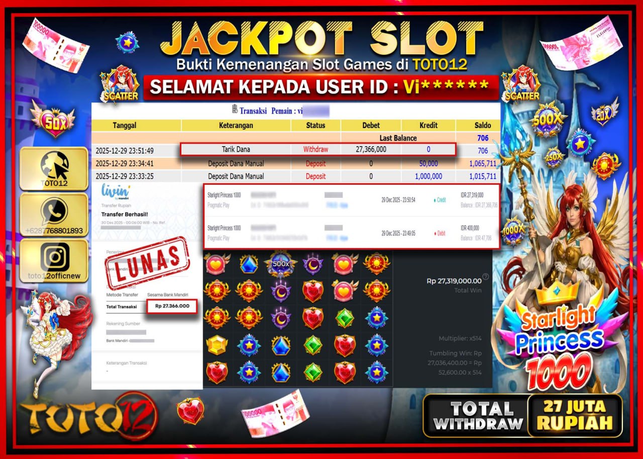 HANYA DI TOTO12 JP PASTI DI BAYAR LUNAS DAN CEPAT!!!!!! JACKPOT SLOT GAME (STARLIGHT PRINCESS 1000) Rp.27.366.000 !!!!