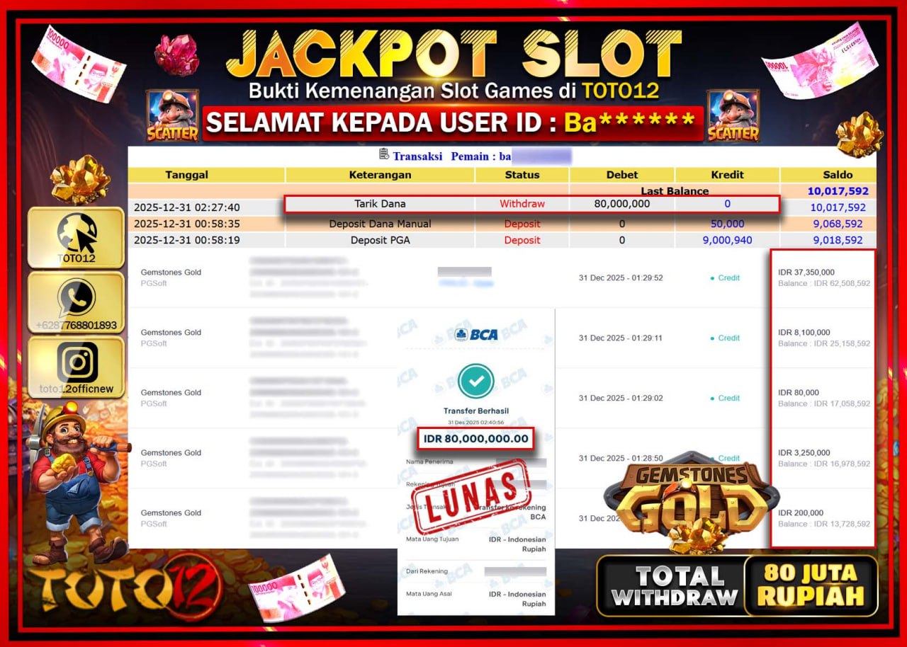 HANYA DI TOTO12 JP PASTI DI BAYAR LUNAS DAN CEPAT!!!!!! JACKPOT SLOT GAME (GEMSTONES GOLD) Rp.80.000.000 !!!!