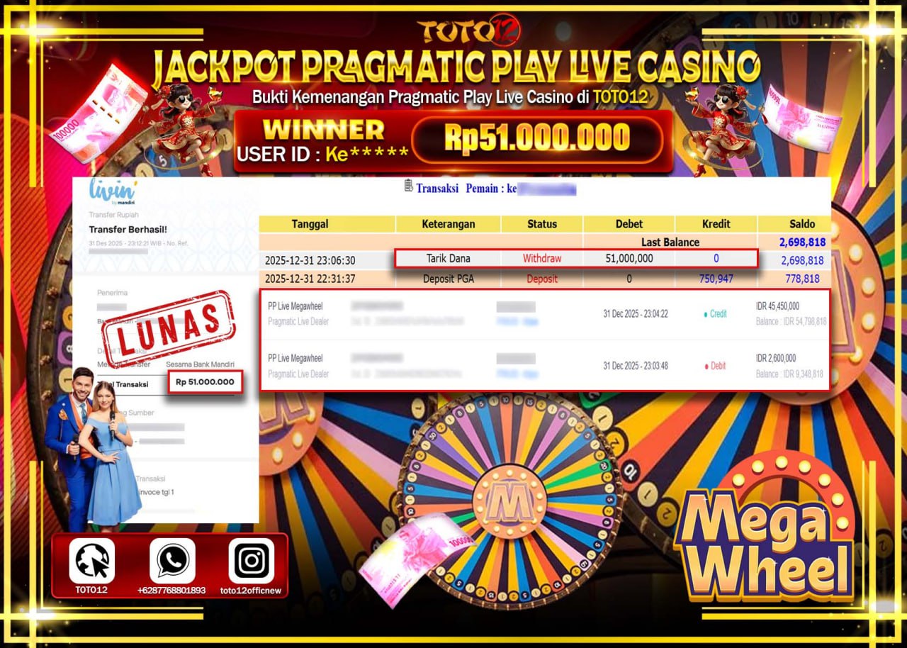 HANYA DI TOTO12 JP PASTI DI BAYAR LUNAS DAN CEPAT!!!!!! JACKPOT PRAGMATIC PLAY LIVE CASINO (MEGA WHEEL) Rp.51.000.000 !!!!