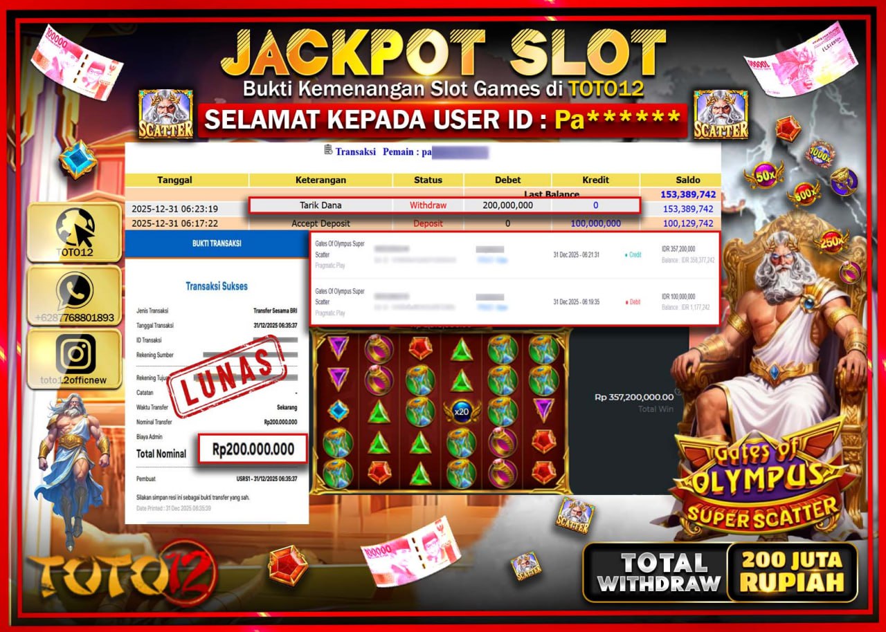 HANYA DI TOTO12 JP PASTI DI BAYAR LUNAS DAN CEPAT!!!!!! JACKPOT SLOT GAME (GATES OF OLYMPUS SUPER SCATTER) Rp.200.000.000 !!!!
